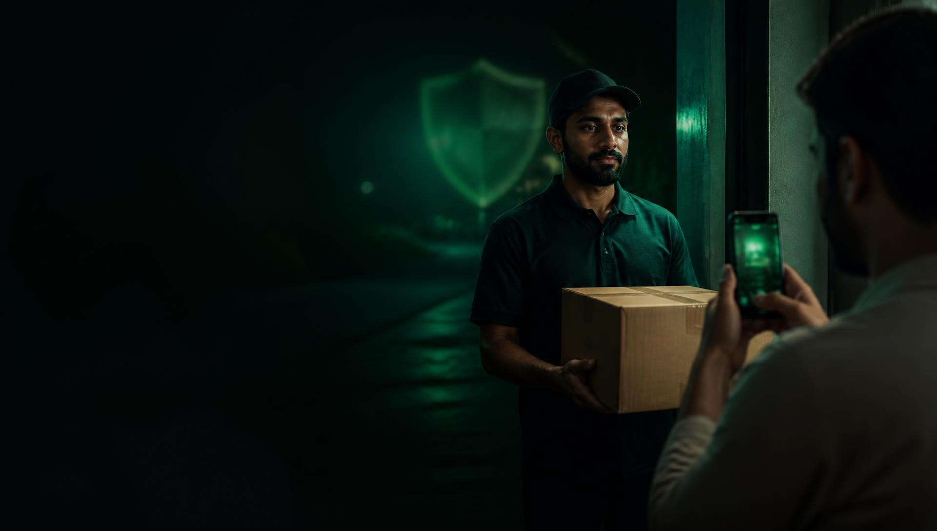 Courier handing a sealed parcel to a buyer who photographs it as delivery proof for Tsdiq